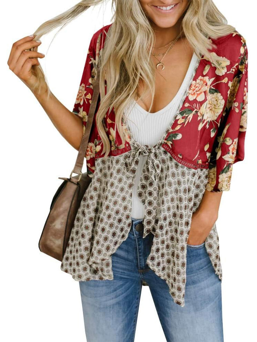 Damen Kimono mit Blumenmuster, Rüschenärmel, zum Binden, fließend, Boho, locker, als Überwurf