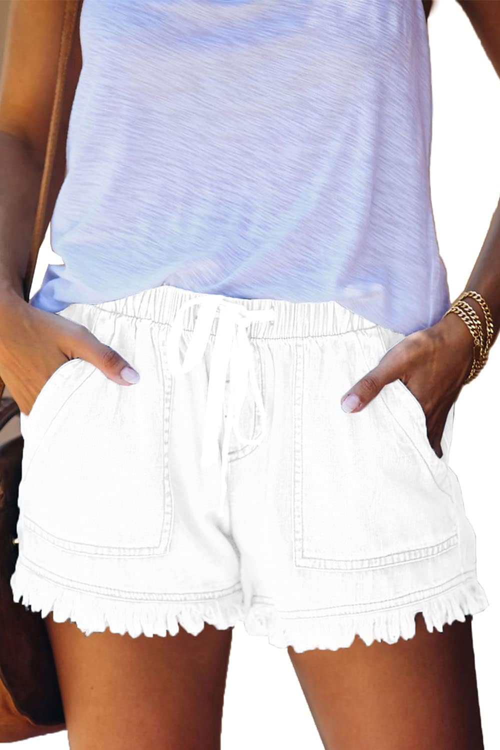 Damen leichte Shorts, lässig, weit geschnitten, trendige kurze Hose, elastischer Bund mit Kordelzug, bequeme Shorts