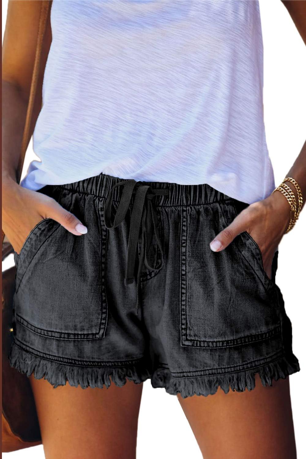 Damen leichte Shorts, lässig, weit geschnitten, trendige kurze Hose, elastischer Bund mit Kordelzug, bequeme Shorts