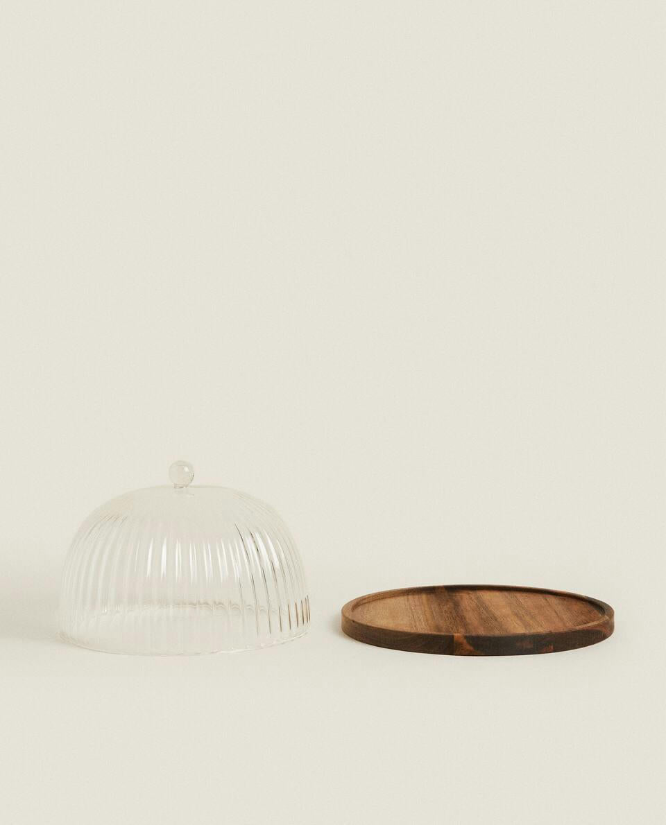 WOODEN AND GLASS CAKE PLATE