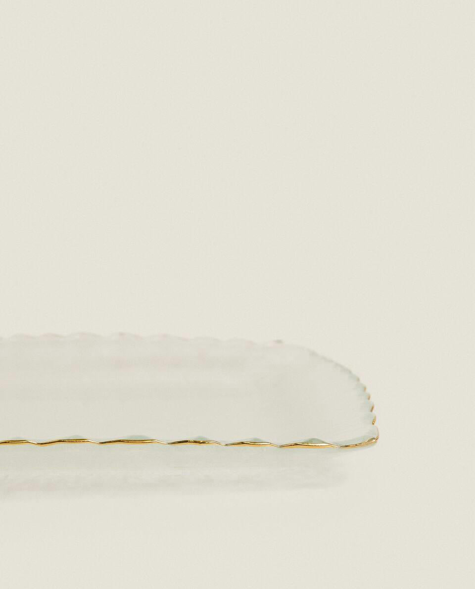 CHRISTMAS GLASS DESSERT PLATE WITH GOLD RIM