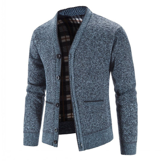 Herren gestrickter V-Ausschnitt Cardigan mit Knöpfen, Flanellfutter und Taschen